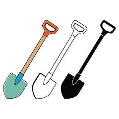 A set garden shovel. color, line art, and silhouette
