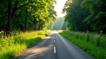 Serene asphalt road lined with verdant foliage and wildflowers bathed in sunlight's gentle rays