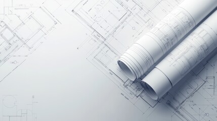 Rolled blueprints and architectural drawings on a table.