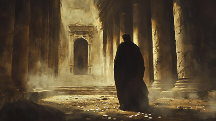 Judas walking away in despair, his back turned to the scattered silver coins on the temple floor, faint torchlight illuminating his tattered robe,