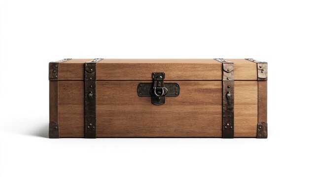 Closed wooden chest with metal accents on white background.