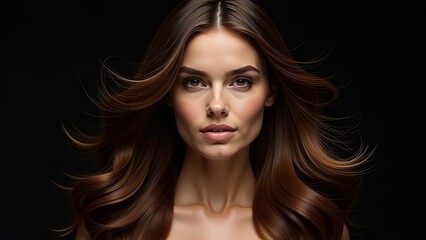 Fototapeta premium Beauty brunette girl with long and shiny wavy hair . Beautiful woman model with curly hairstyle shine and volume in black dress on dark background, hair care products and luxury salons.