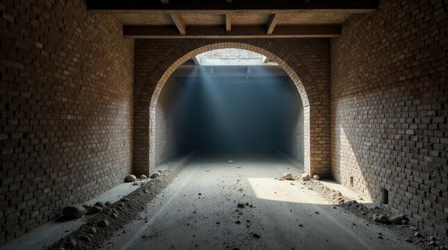 Sunbeams illuminate a mysterious arched brick tunnel, revealing a pathway strewn with stones and dust, hinting at forgotten stories and secrets within.