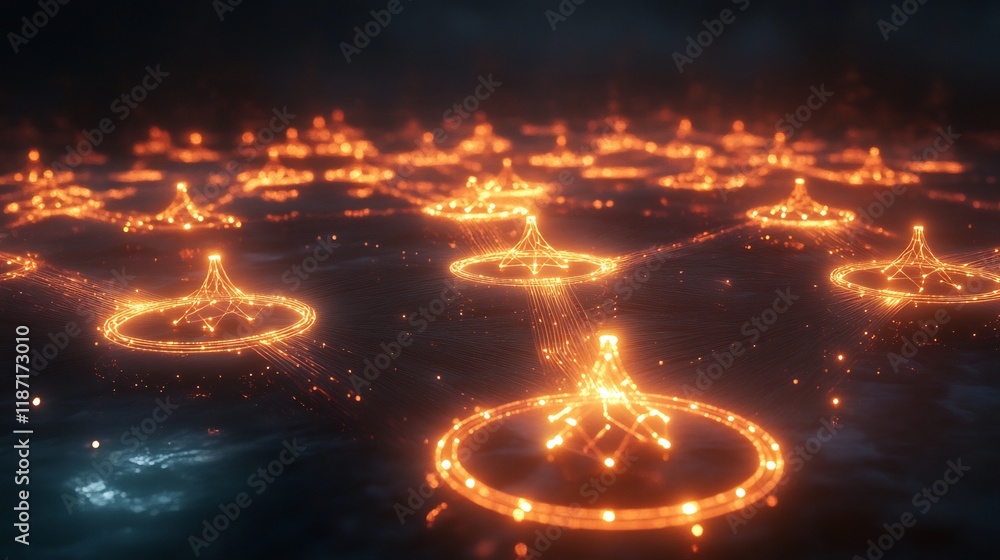Poster scalability strategy visualized glowing nodes expanding into interconnected luminous networks