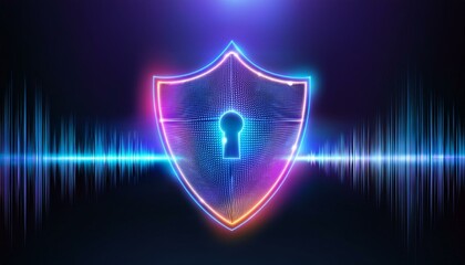 Digital security image with glowing neon waveforms forming a protective barrier that blocks data flow
