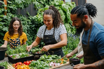 Naklejka premium Collaborative Spring Cooking in a Community Garden with Diverse Group