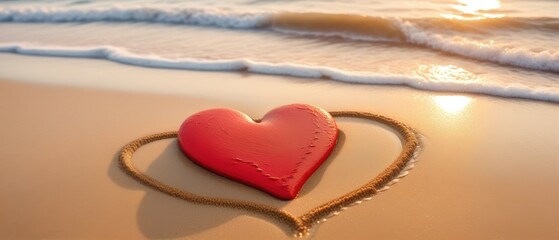 Fototapeta premium Red heart drawn on a beach with intricate sand textures and soft waves at sunset