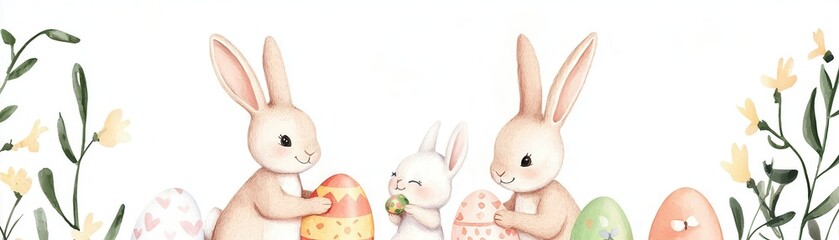 Obraz premium Cute rabbits painting and decorating eggs for Easter celebration.