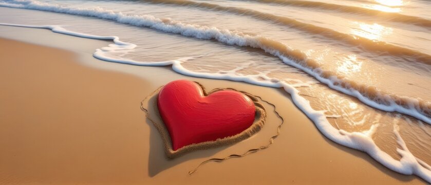 Hand-painted red heart in the sand, waves reaching the edges under warm golden hour light