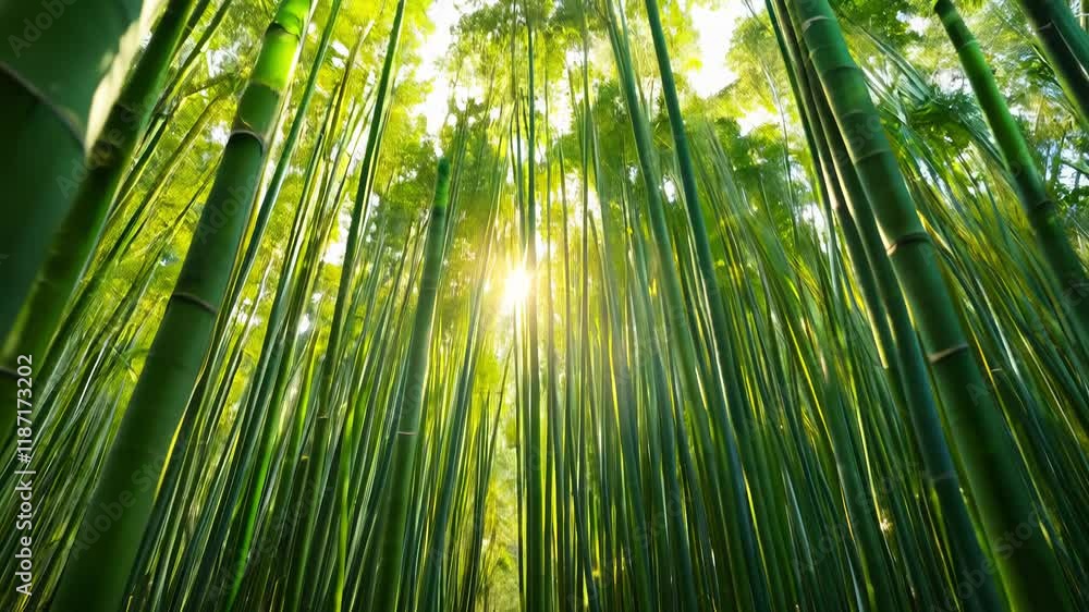 Poster sun rays piercing through a dense, green bamboo forest from a low-angle perspective, creating a dyna