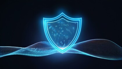 Digital security image with glowing neon waveforms forming a protective barrier that blocks data flow