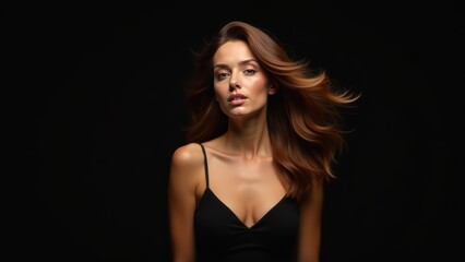 Naklejka premium Beauty brunette girl with long and shiny wavy hair . Beautiful woman model with curly hairstyle shine and volume in black dress on dark background, hair care products and luxury salons.