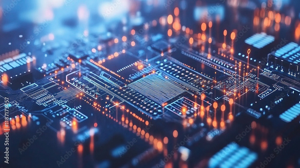 Poster close-up of an electronic circuit board with microchip and patterns