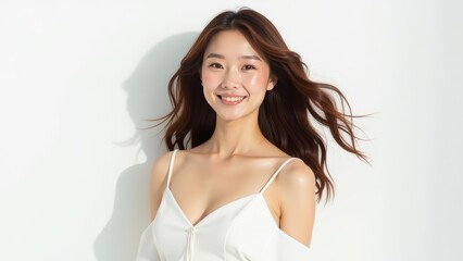 Beauty asian brunette girl with long and shiny wavy hair . Beautiful woman model with curly hairstyle shine and volume in white dress in shiny white background, hair care products and luxury salons.