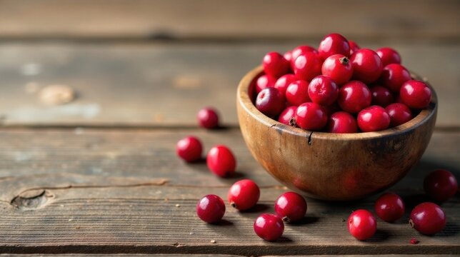 A rustic wooden bowl overflowing with vibrant, plump cranberries, scattered on a weathered wooden surface, creating a visually appealing autumnal still life.