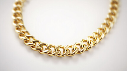 Obraz premium Detailed close-up of a thick gold chain with interlocking links displayed on a white background showcasing luxury and refinement 