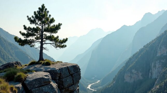Lone Pine on a Rocky Clifftop Overlooking a Serene Mountain Valley Landscape