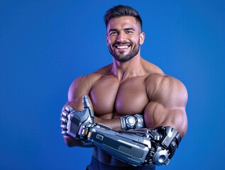 Futuristic cyborg with robotic arms smiling confidently against blue background