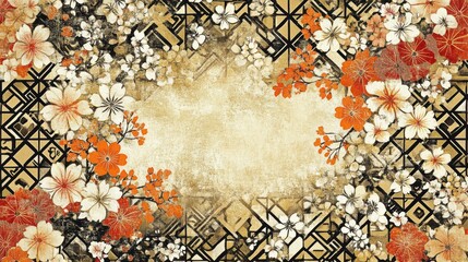 Elegant Floral Tapestry: Orange and White Blossoms on Geometric Background