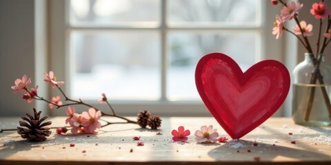 A handcrafted heart resting on a wooden surface, adorned with delicate blossoms and pinecones, bathed in the soft glow of sunlight filtering through a window