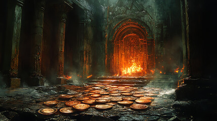 Silver coins arranged haphazardly on a cracked stone altar, the warm glow of flickering torches creating soft highlights on the coins, the surrounding temple bathed in shadows,