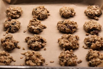 The process of preparing homemade oatmeal cookies - raw, formed cookies placed on a baking tray lined with baking paper