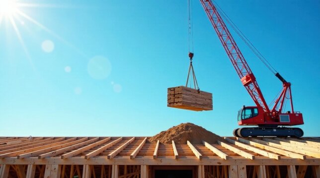 A red crane lifts a bundle of lumber beams onto a newly constructed wooden house frame under a bright sunny sky
