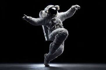 an astronaut dancing, isolated on a black background