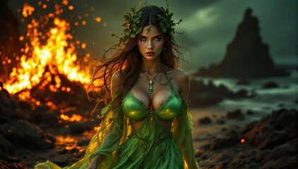 Fototapeta premium Mysterious woman in green, embodying nature amidst dramatic fire backdrop.