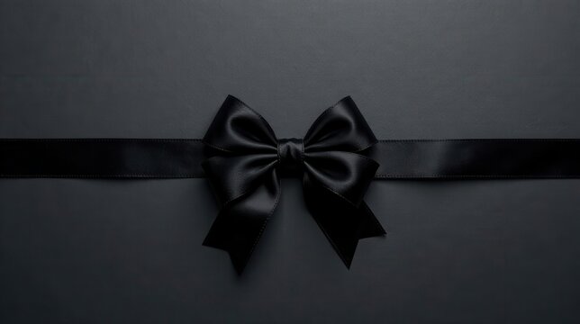 Elegant black satin ribbon bow tied on dark background, perfect for somber occasions or sophisticated designs