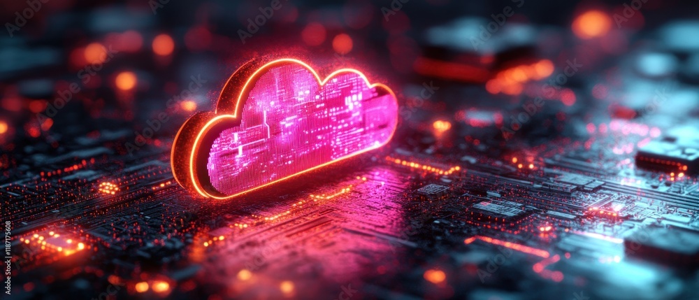 Poster a glowing cloud symbol over a circuit board, representing cloud computing technology.