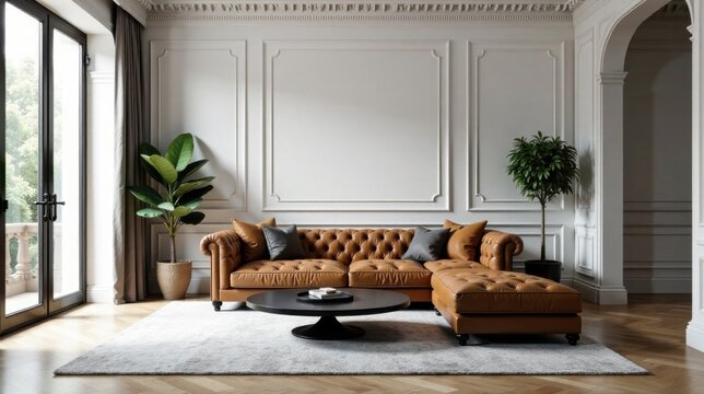 Elegant Brown Leather Sectional Sofa in a Luxurious Living Room Setting with Classic Architectural Details and Indoor Plants