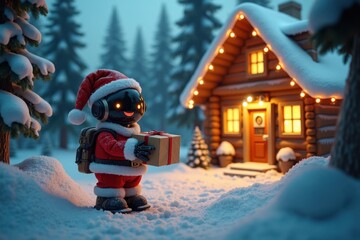 Naklejka premium A cheerful delivery robot carries a package to Santa's cozy wooden cabin surrounded by snow and pine trees. Bright Christmas lights glow warmly in the evening