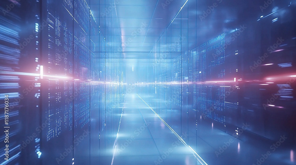 Poster digital information flows through network lines in data center