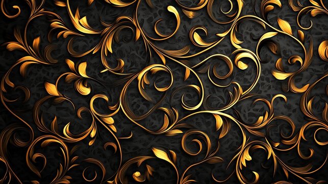 Fototapeta Golden ornate floral pattern on dark background.