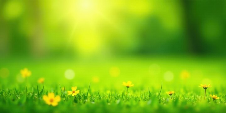 Serene Meadow Landscape Bright Yellow Wildflowers in Lush Green Grass Under Sunlight