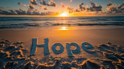 Hope written in sand at sunset on a beach