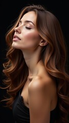 Fototapeta premium Beauty brunette girl with long and shiny wavy hair . Beautiful woman model with curly hairstyle shine and volume in black dress on dark background, hair care products and luxury salons.