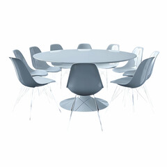 Simple, elegant white dining table and chairs set isolated on a black background, with a round top table and eight white plastic chairs in front view.