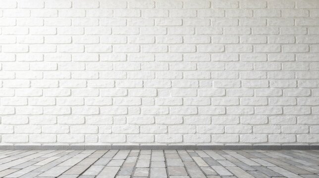 Clean white brick wall backdrop with a grey stone floor, perfect for minimalist design presentations and showcasing products.