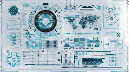 Obraz premium Futuristic HUD interface with blue digital elements, grid layout, and technical code overlay on a white background, concept of virtual tech design. 3D Rendering.