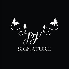 PJ Handwritten initial letter, PJ simple signature vector logo with butterfly shape variation, beauty, photography letter logo design. P J