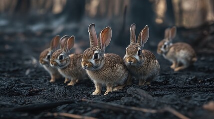 Fototapeta premium A family of rabbits cautiously emerging from their burrow in a blackened meadow after a wildfire.