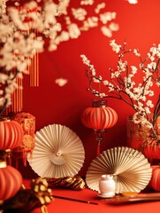 Festive Chinese New Year Decor Red Lanterns Fans Blossoms