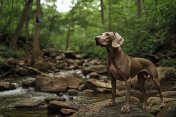 A Weimaraner standing on rocks in the forest Generative AI