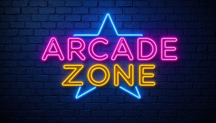 A vibrant neon sign displaying the text "ARCADE ZONE" in bold capital letters. The glowing design exudes a retro gaming vibe, with bright, eye-catching colors perfect for an arcade atmosphere.
