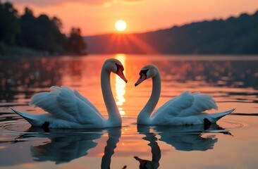 Fototapeta premium At sunset, two beautiful swans in a clear lake.