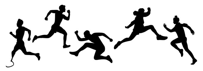 Silhouettes of Male and female athletes running. Healthy active lifestyle. Maraphon, Sprint, jogging, warming up. Sport, fitness design, black vector illustrations isolated on transparent background.