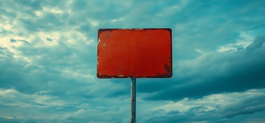 Rusty red blank signpost against a cloudy sky.