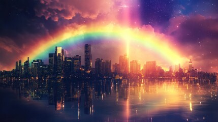Obraz premium Majestic Cityscape at Night with a Vibrant Rainbow Arching Over the Skyline and its Water Reflection